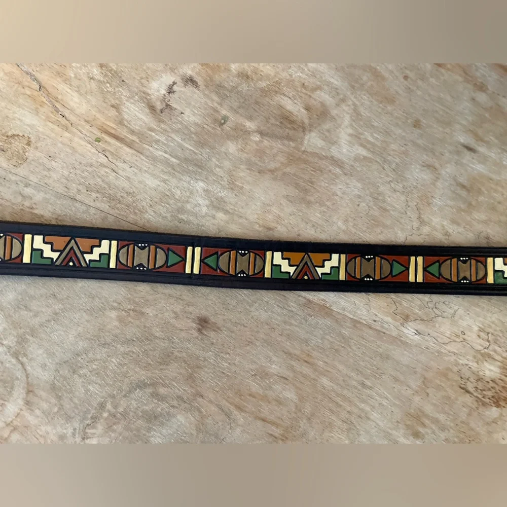 Vintage Colorful Painted Leather Belt with Geometric Southwest Pattern Design